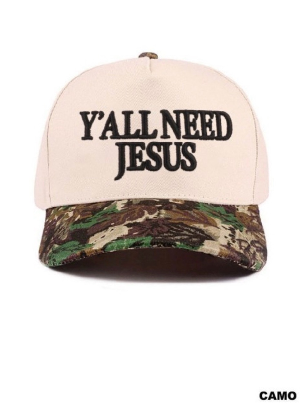 Y'ALL NEED JESUS Embroidered Camo Brim Baseball Cap - Cream/Green
